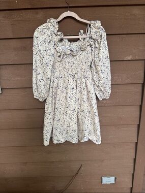 English Factory Cream Dress Smocked with Blue Floral Print size XS